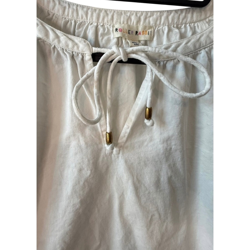 Roller Rabbit Embroidered Cotton Peasant Blouse White Blue Boho Top Medium - Picture 4 of 8